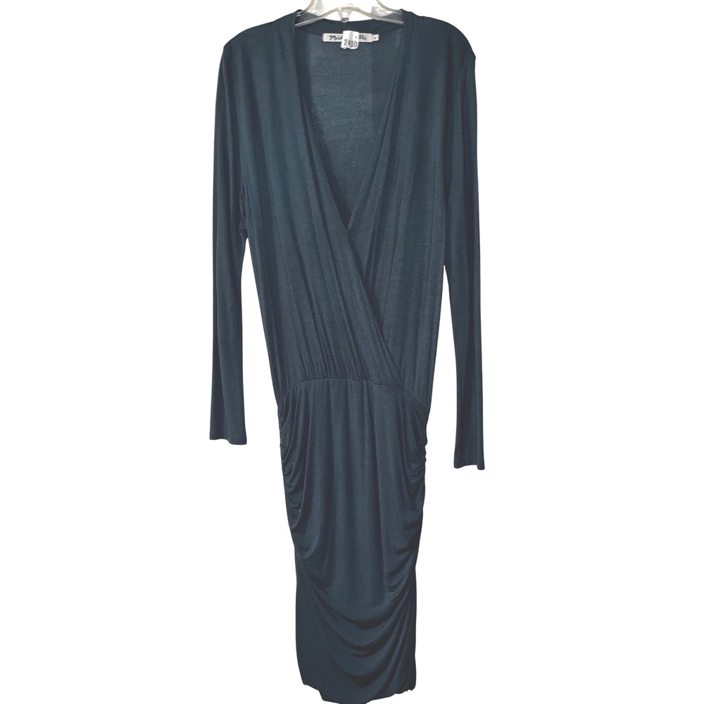 Michael Stars Women's Long Sleeve V Neck Ruched Bodycon Dress S Deep‎ Teal